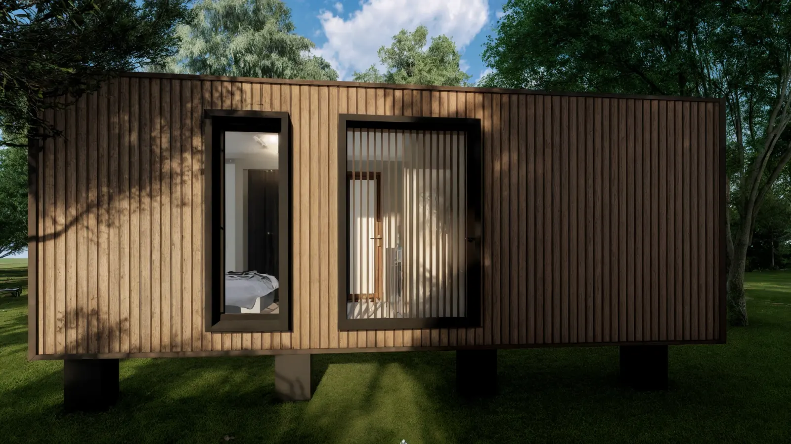 Render módulo WMU CERO 2 — vista lateral siding
